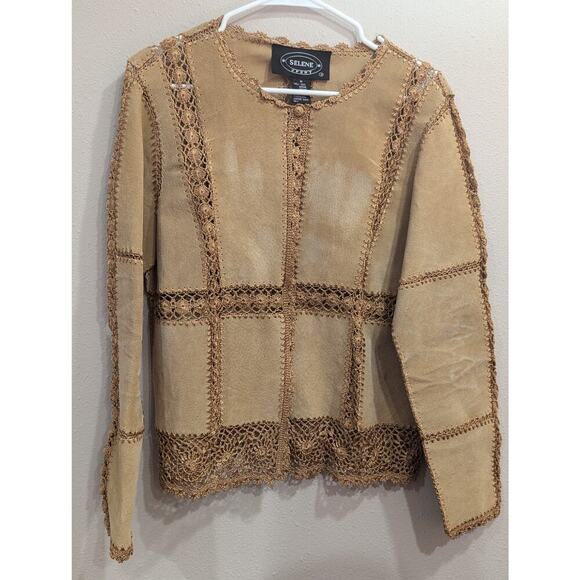 Women's tan leather patchwork and crochet jacket by Selene Sport